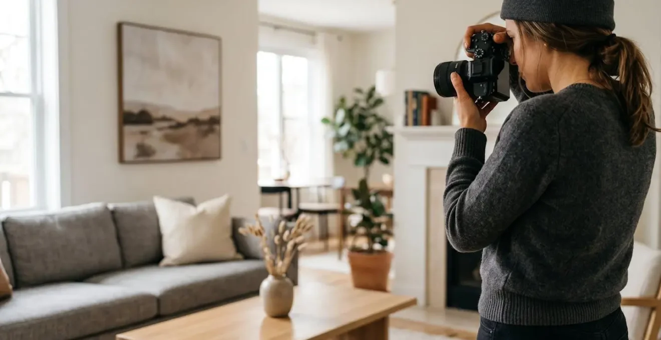 Professional photographer capturing well-staged rental property interior with decluttered living space